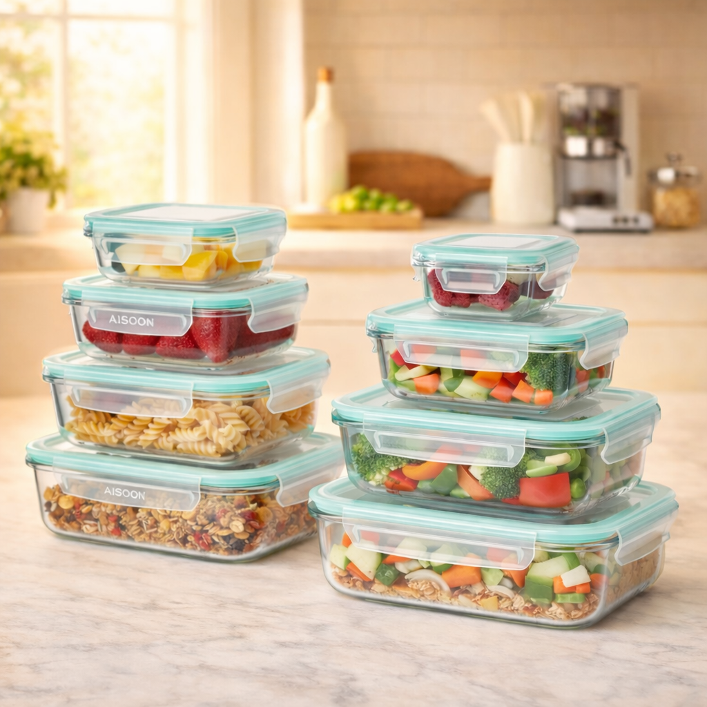 AISOON 8-Piece Borosilicate Glass Food Storage Container Set with Airtight Locking Lids