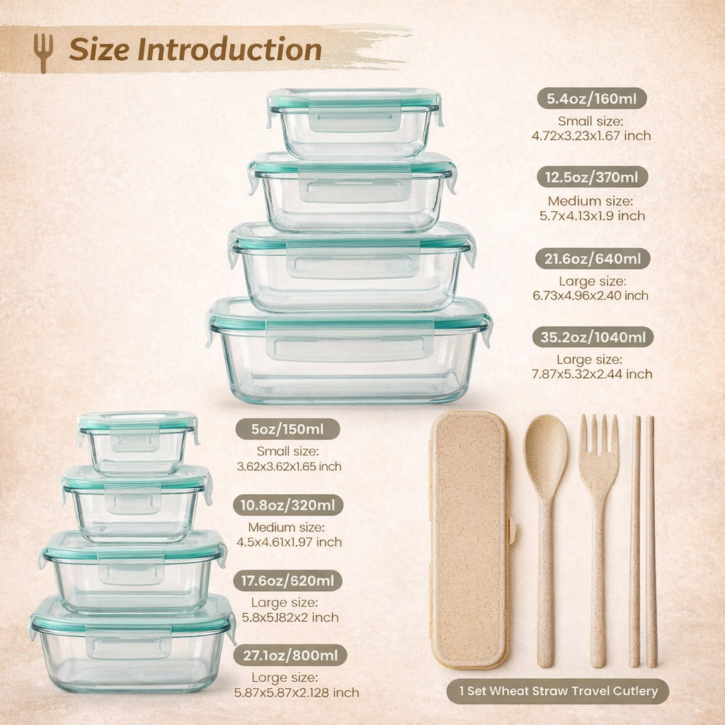 AISOON 8-Piece Borosilicate Glass Food Storage Container Set with Airtight Locking Lids