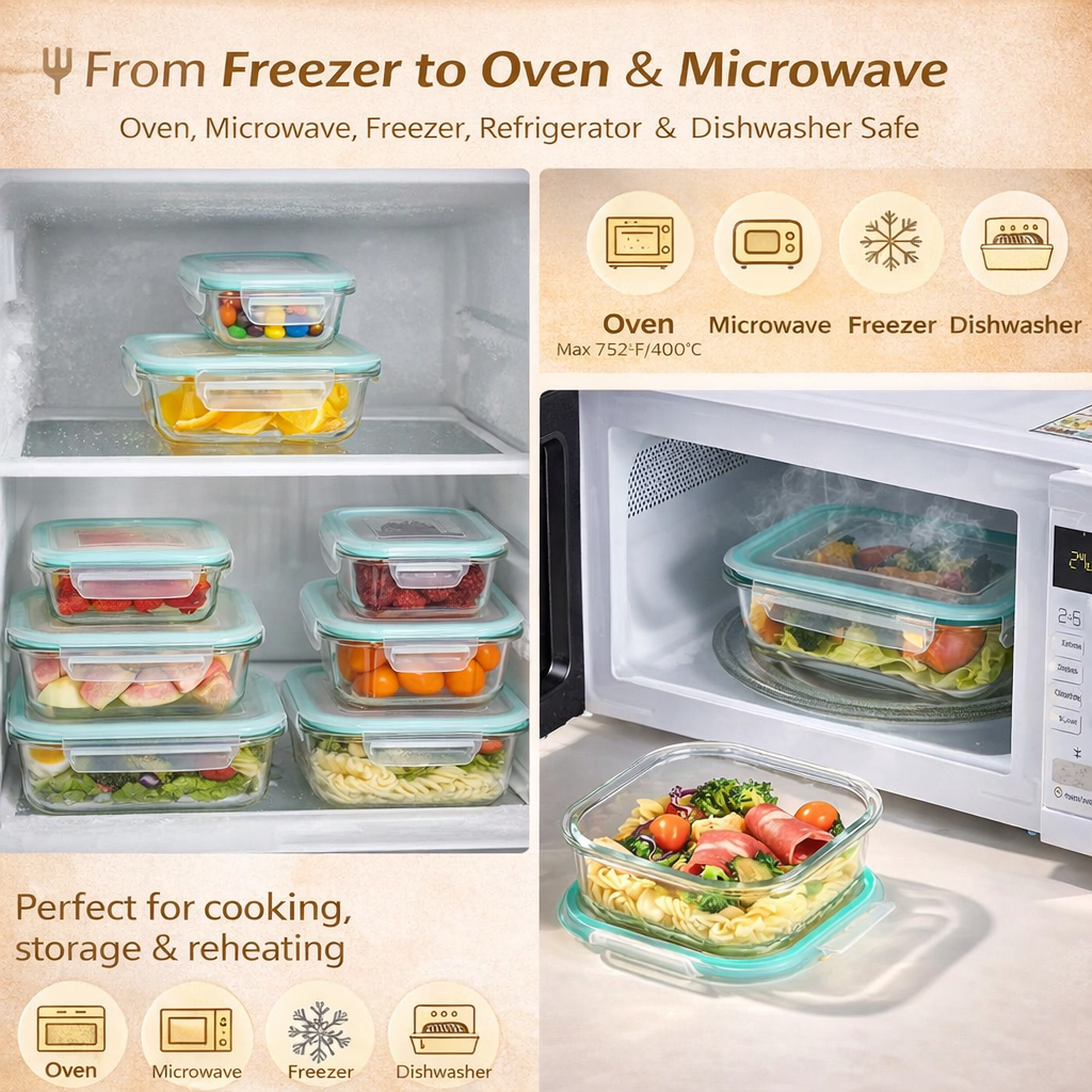 AISOON 8-Piece Borosilicate Glass Food Storage Container Set with Airtight Locking Lids