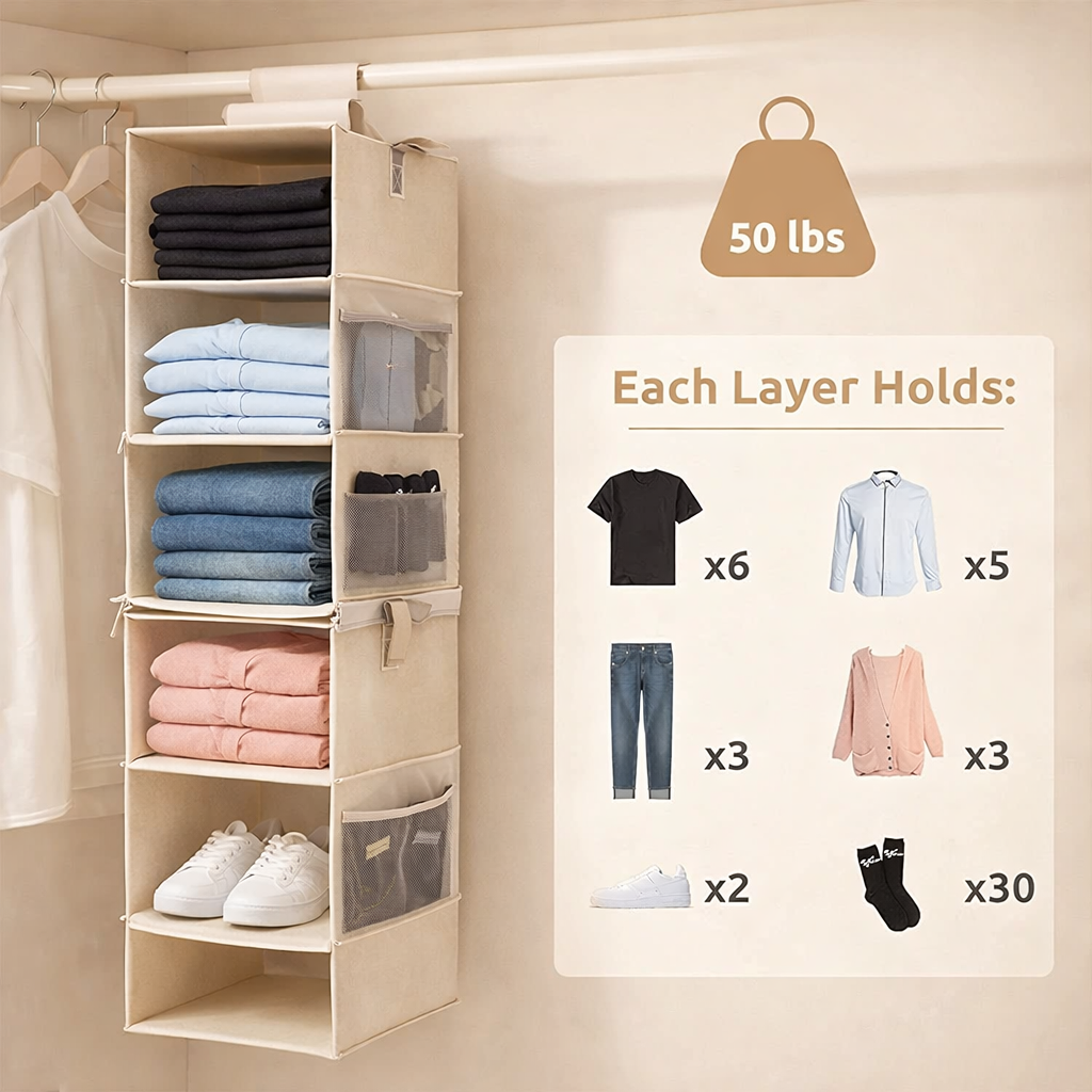 AISOON 2-Pack Hanging Closet Organizer, 3-Shelf Separable Canvas Storage with Side Pockets, Heavy-Duty Hooks, Grey (12” x 12” x 42”)