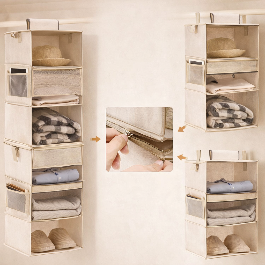 AISOON 2-Pack Hanging Closet Organizer, 3-Shelf Separable Canvas Storage with Side Pockets, Heavy-Duty Hooks, Grey (12” x 12” x 42”)