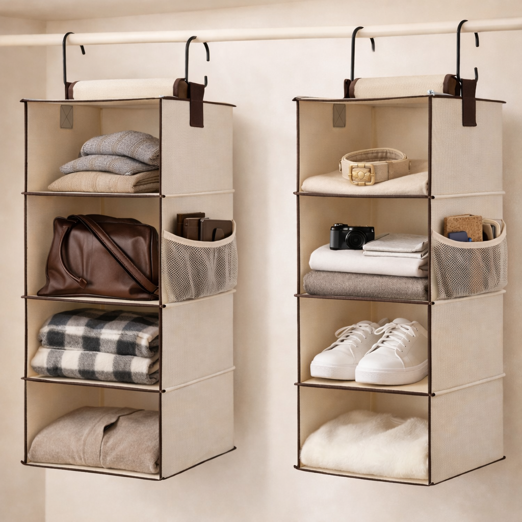 AISOON 2-Pack Hanging Closet Organizer, 3-Shelf Separable Canvas Storage with Side Pockets, Heavy-Duty Hooks, Grey (12” x 12” x 42”)