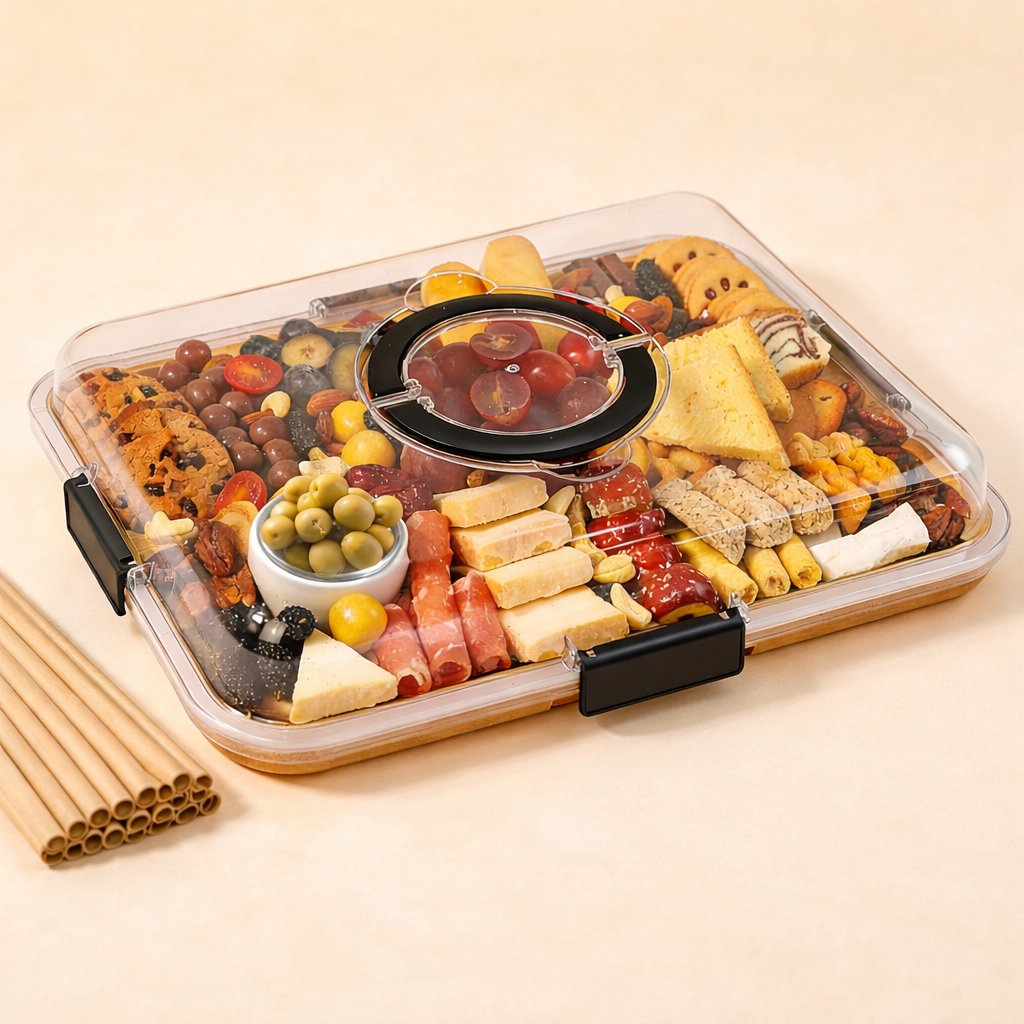 Portable Charcuterie Board with Clear Lid – Reversible Bamboo Cheese & Snack Tray with Handle, 6 Compartments, Airtight Latches for Parties & Picnics