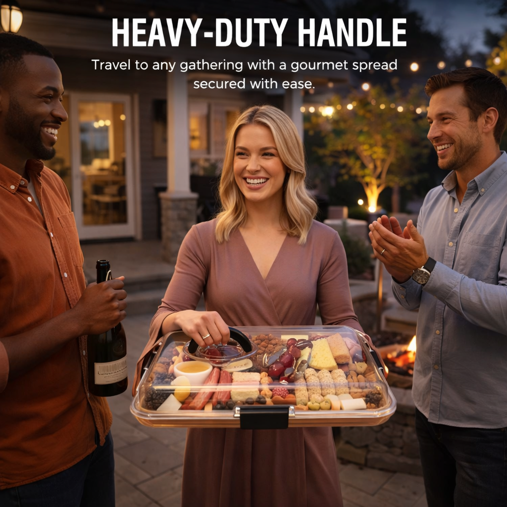 Portable Charcuterie Board with Clear Lid – Reversible Bamboo Cheese & Snack Tray with Handle, 6 Compartments, Airtight Latches for Parties & Picnics