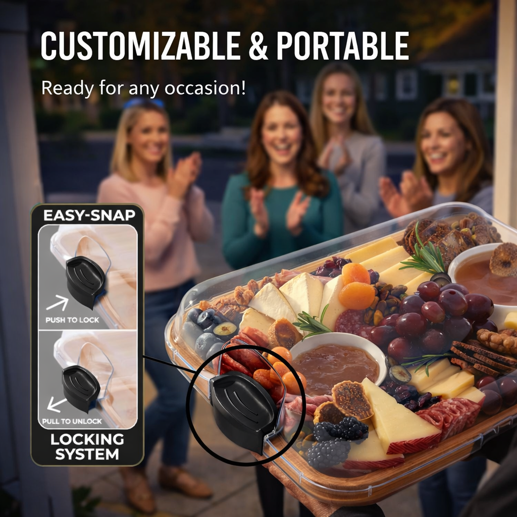 Portable Charcuterie Board with Clear Lid – Bamboo Cheese & Serving Tray, Travel Snack Box with Locking Cover