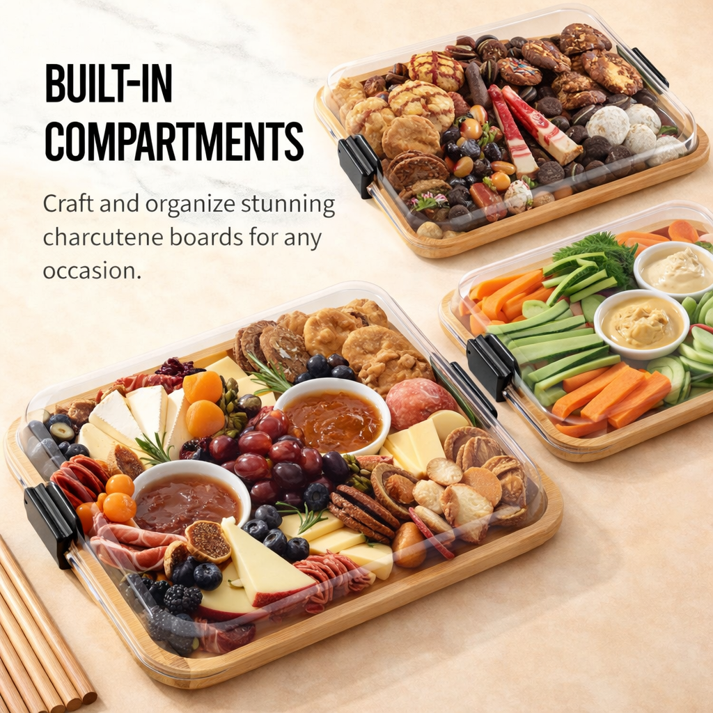 Portable Charcuterie Board with Clear Lid – Bamboo Cheese & Serving Tray, Travel Snack Box with Locking Cover