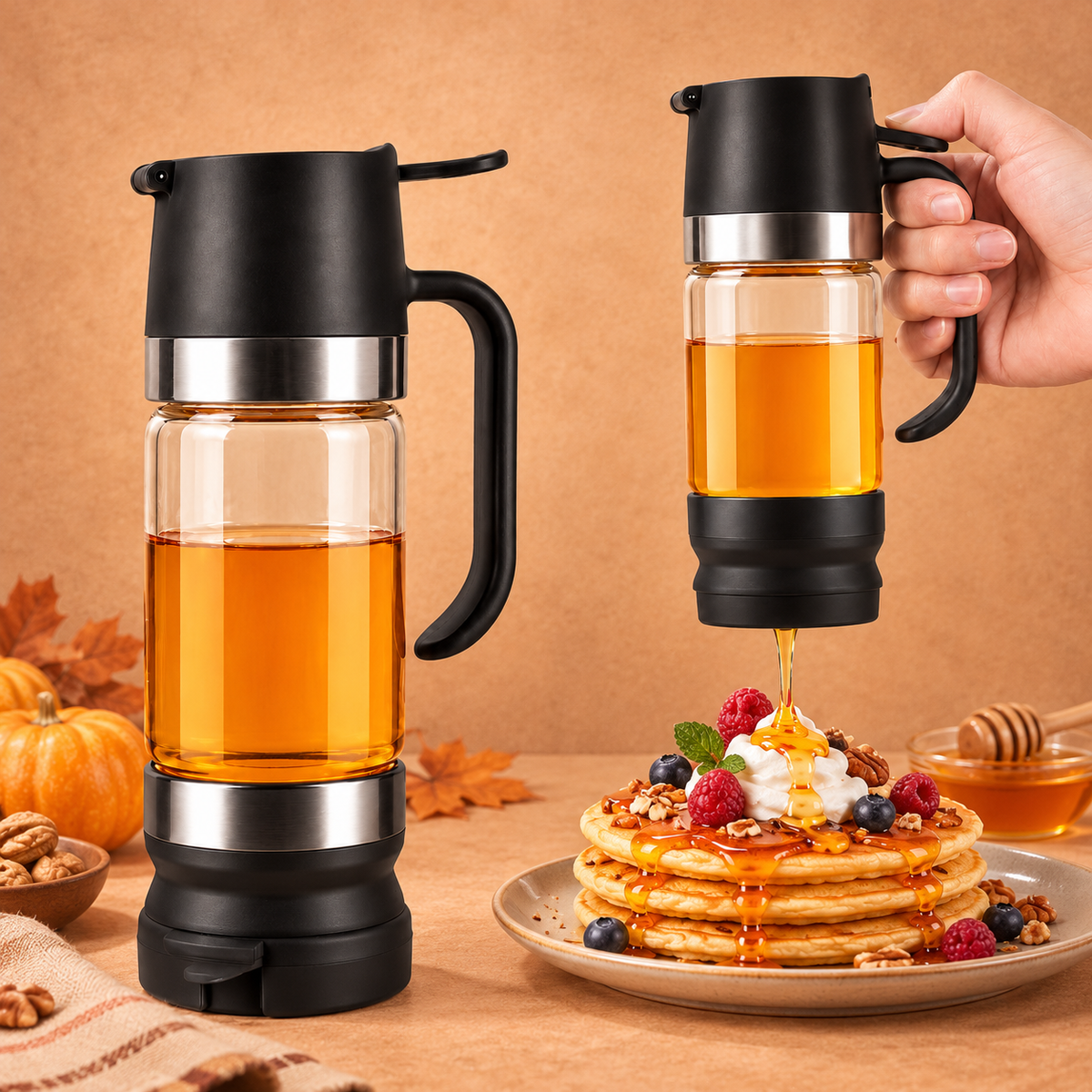 AISOON®️ 10oz Reusable Glass Honey Dispenser with Handle, Lid - No Drip, Leakproof