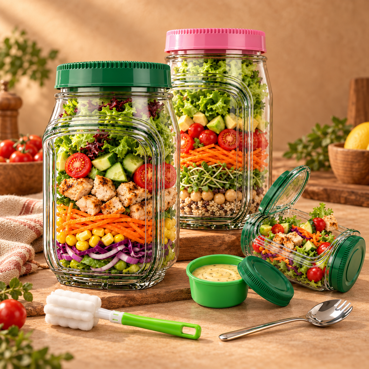 AISOON®️ 35oz Reusable Salad Jar with Dressing Cup, Side Opening & Leakproof Lid
