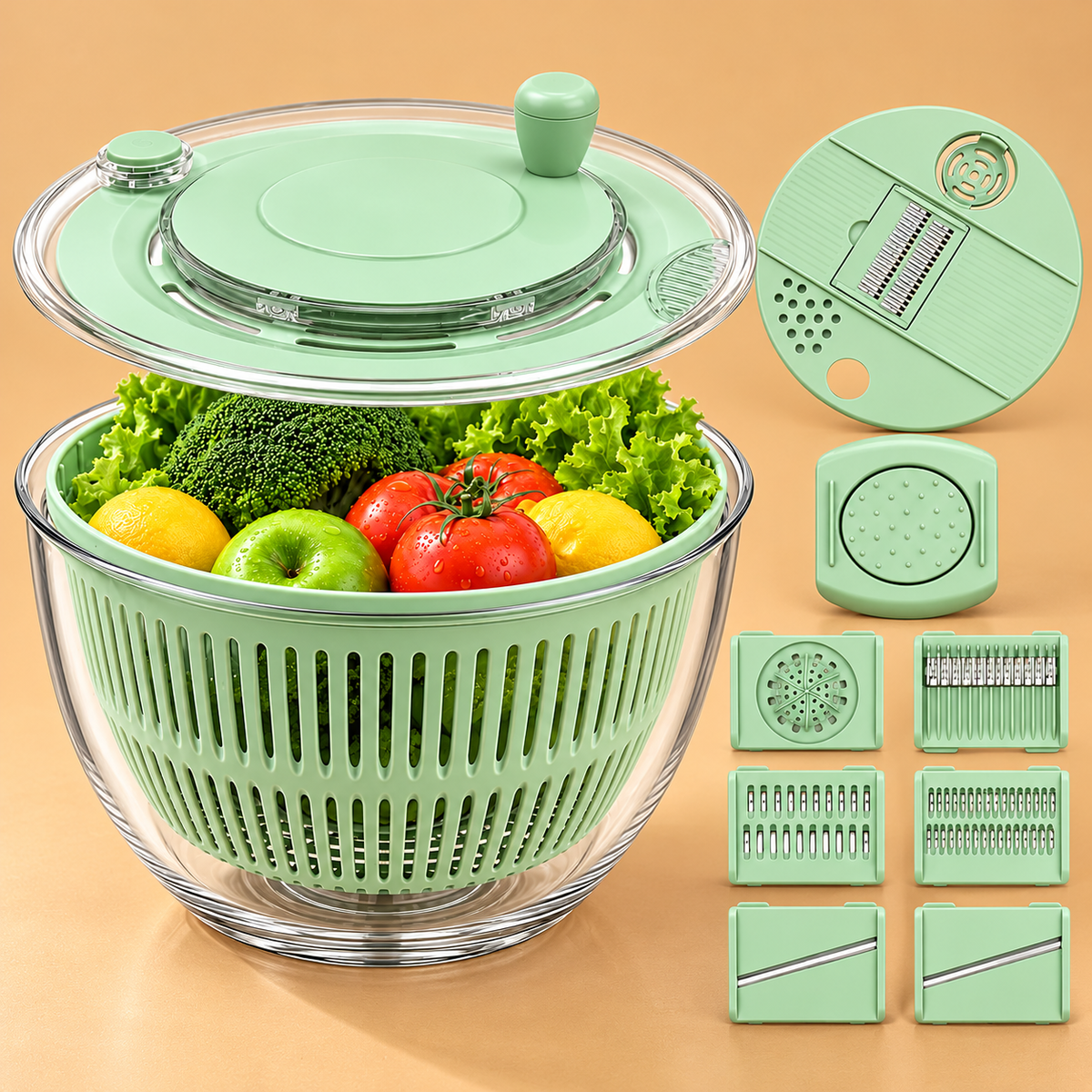 AISOON®️ 5.3 Qt 3-in-1 Salad Spinner, Vegetable Washer & Food Slicer with 5 Interchangeable 304 Stainless Steel Blades