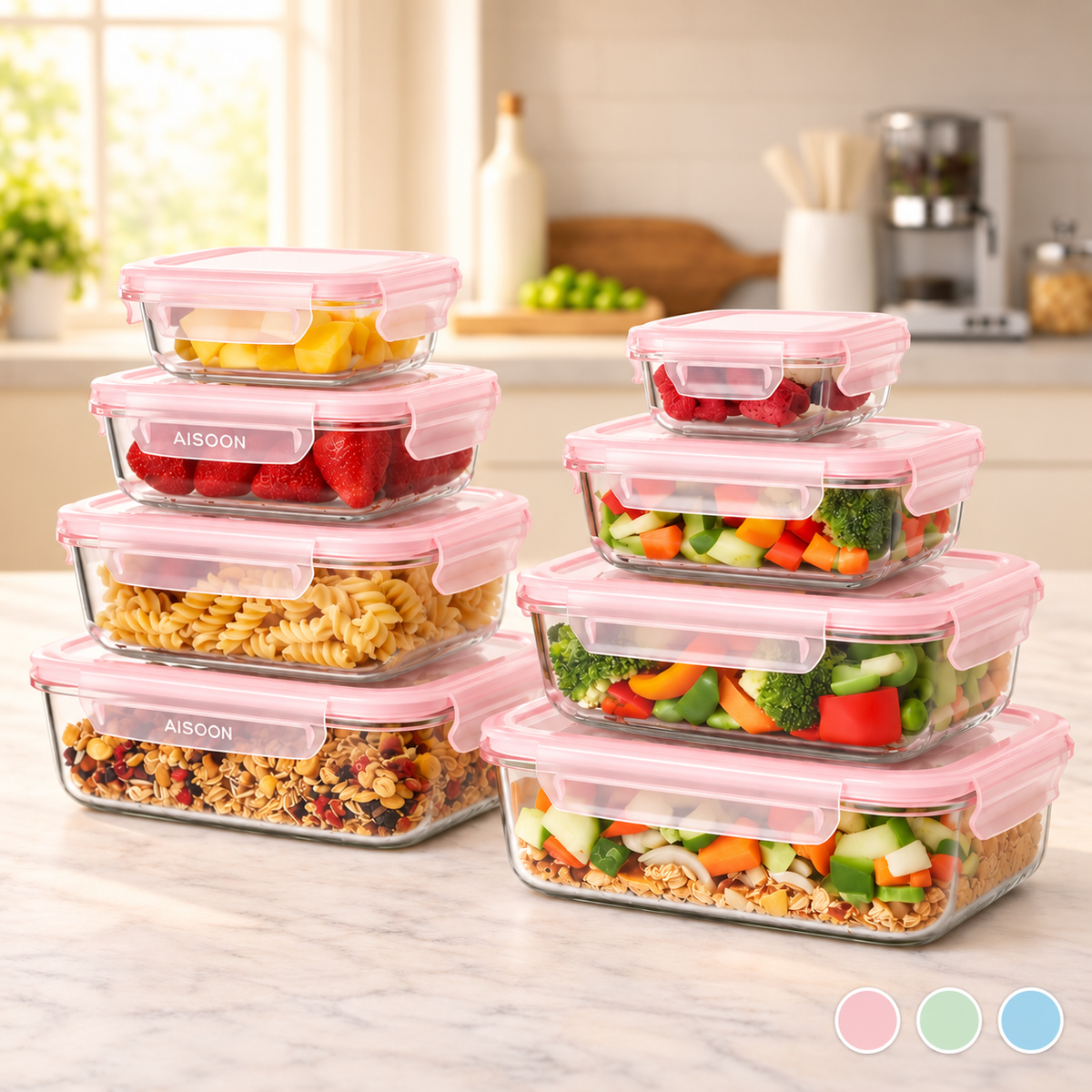 AISOON®️ 8-Piece Borosilicate Glass Food Storage Container Set with Airtight Locking Lids