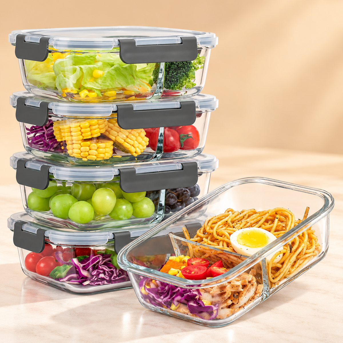 AISOON®️ 5-Pack 36oz 2-Compartment Borosilicate Glass Food Storage Set