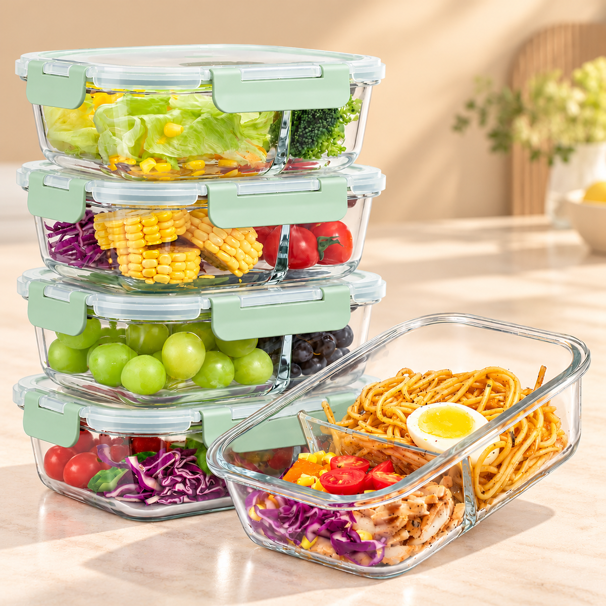 AISOON®️ 5-Pack 36oz 2-Compartment Borosilicate Glass Food Storage Set