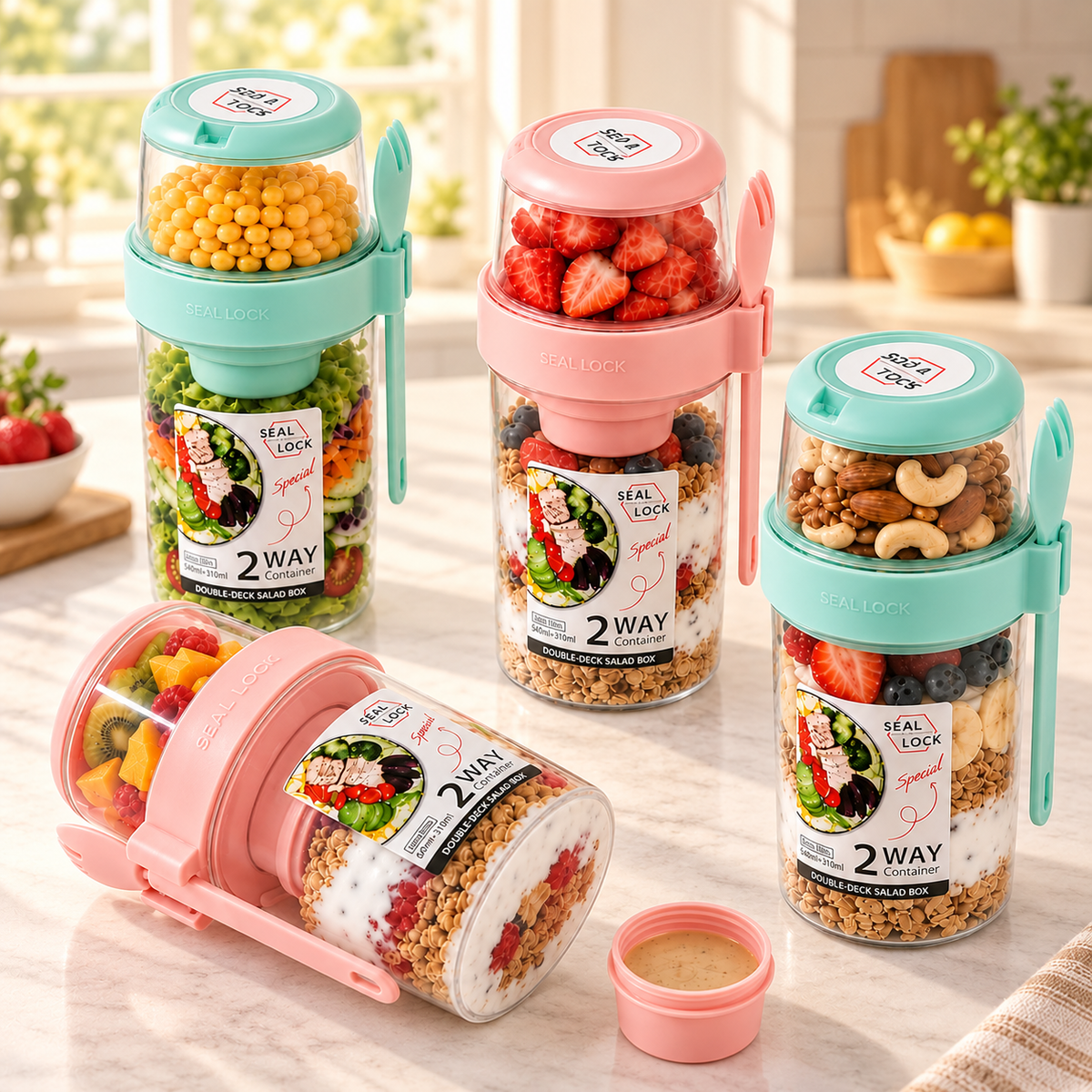 AISOON®️ 4-Pack Kitchen Utensils Set Cylindrical BPA-Free Airtight Overnight Oats Containers,