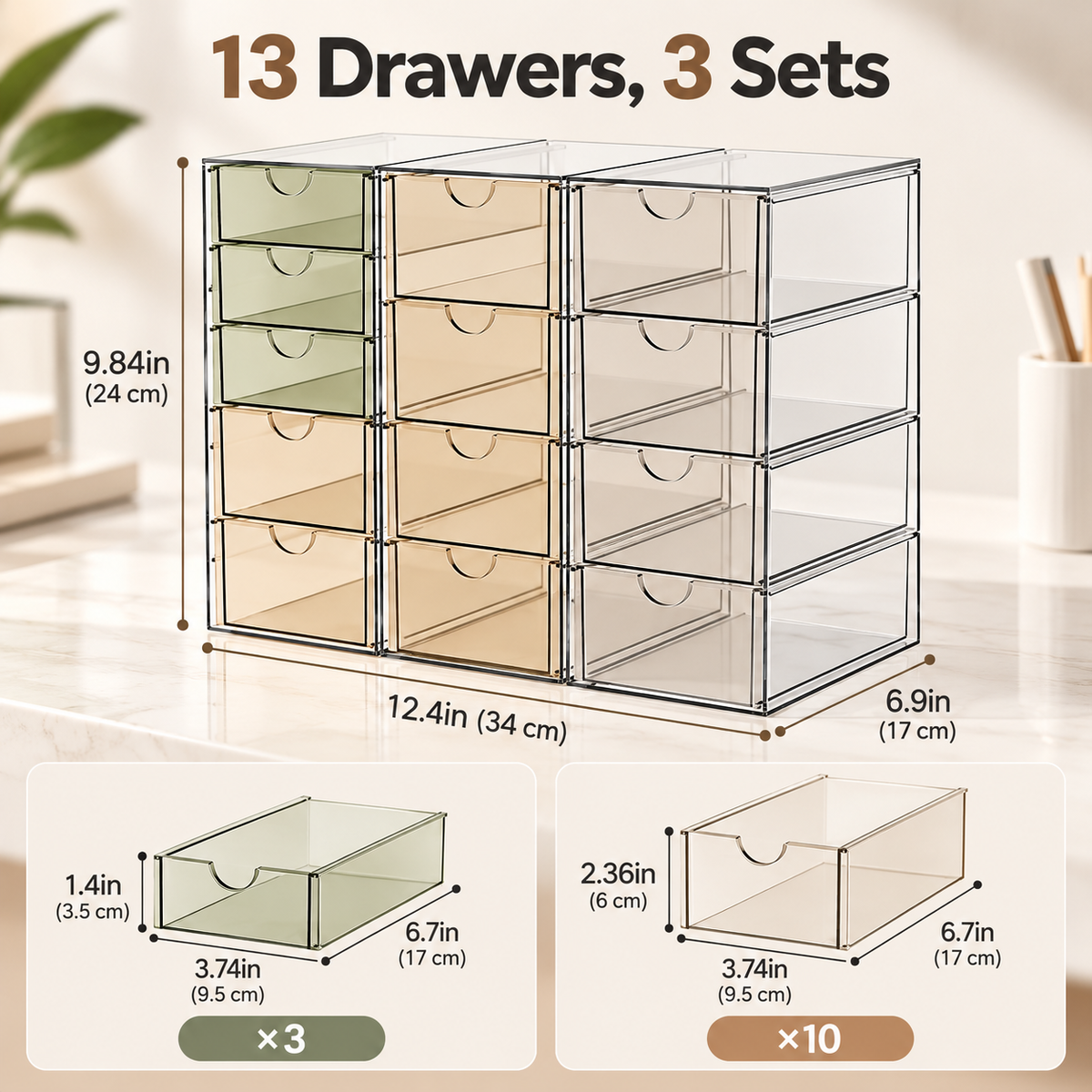 AISOON®️ 13 Drawer Clear Acrylic Organizer, Storage Organizer for Bathroom Vanity, Makeup, Kitchen Pantry & Countertop
