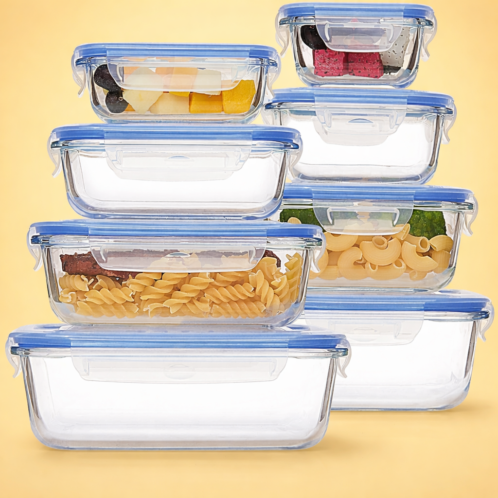 AISOON 8-Piece Borosilicate Glass Food Storage Container Set with Airtight Locking Lids