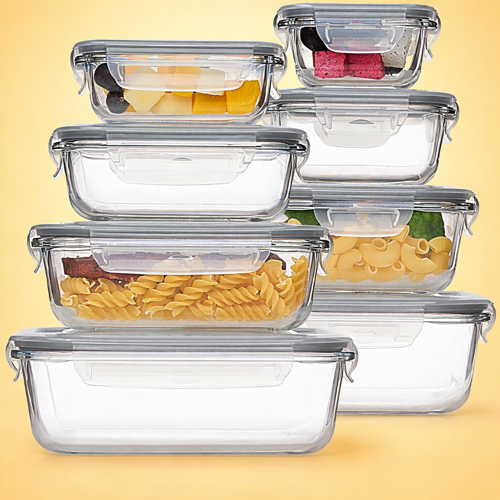 AISOON 8-Piece Borosilicate Glass Food Storage Container Set with Airtight Locking Lids