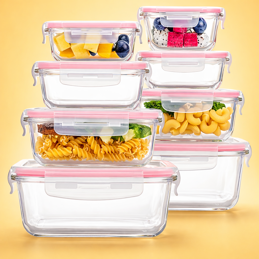 AISOON 8-Piece Borosilicate Glass Food Storage Container Set with Airtight Locking Lids