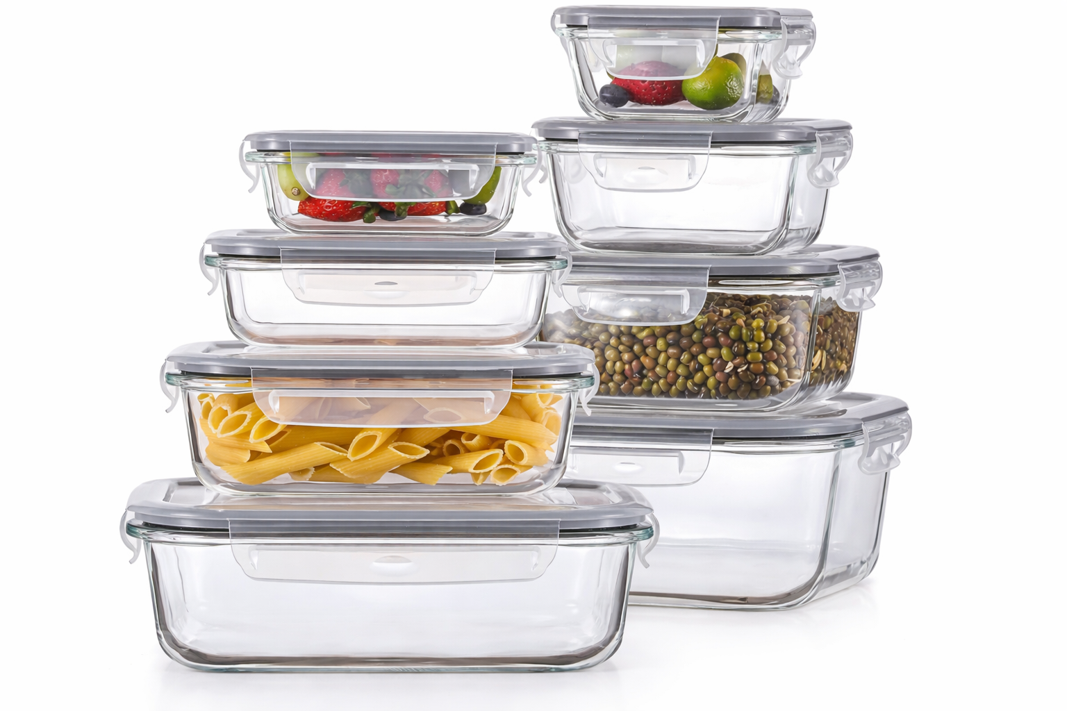 8 Pack Borosilicate Glass Food Storage Containers Set with Airtight Lids & Free Wheat Straw Utensils – Stackable BPA-Free Meal Prep Containers, Oven Microwave Freezer Dishwasher Safe (Rectangular & Square)