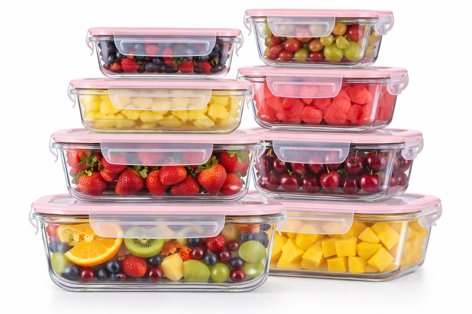 8 Pack Borosilicate Glass Food Storage Containers Set with Airtight Lids & Free Wheat Straw Utensils – Stackable BPA-Free Meal Prep Containers, Oven Microwave Freezer Dishwasher Safe (Rectangular & Square)