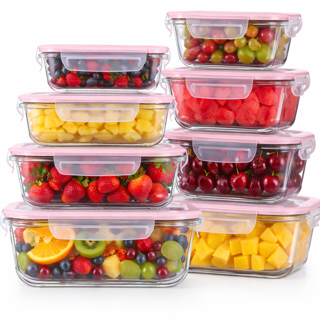 8 Pack Borosilicate Glass Food Storage Containers Set with Airtight Lids & Free Wheat Straw Utensils – Stackable BPA-Free Meal Prep Containers, Oven Microwave Freezer Dishwasher Safe (Rectangular & Square)