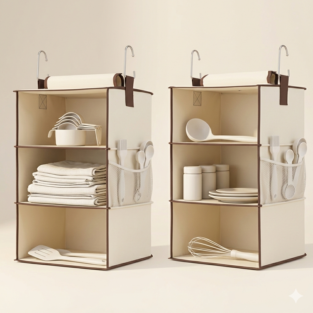 AISOON 2-Pack Hanging Closet Organizer, 3-Shelf Separable Canvas Storage with Side Pockets, Heavy-Duty Hooks, Grey (12” x 12” x 42”)