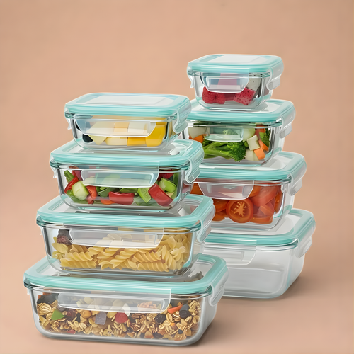 8 Pack Borosilicate Glass Food Storage Containers Set with Airtight Lids & Free Wheat Straw Utensils – Stackable BPA-Free Meal Prep Containers, Oven Microwave Freezer Dishwasher Safe (Rectangular & Square)