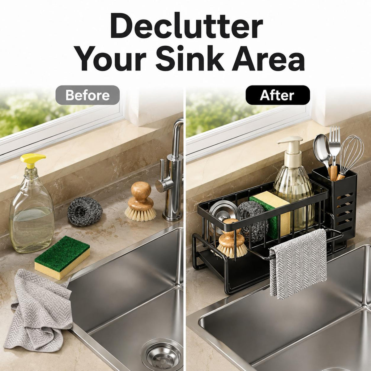 AISOON®️ Compact Carbon Steel Sink Caddy Organizer with Drain Tray