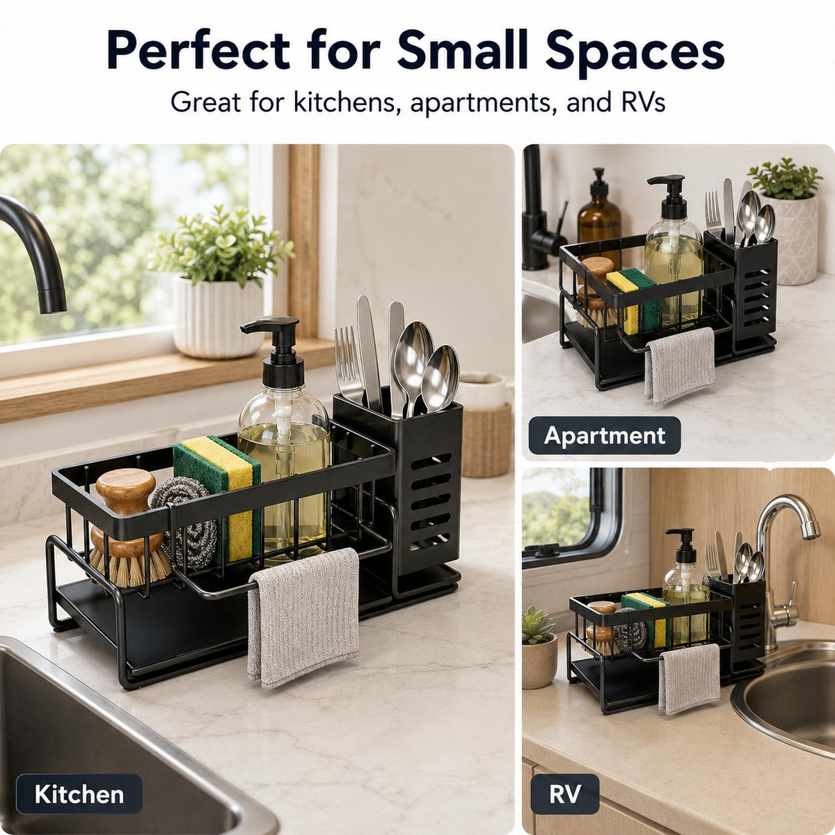 AISOON®️ Compact Carbon Steel Sink Caddy Organizer with Drain Tray