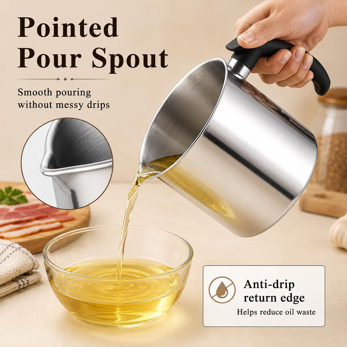AISOON®️ 1400ML Bacon Grease Container with Strainer, 304 Stainless Steel Oil Filter Pot