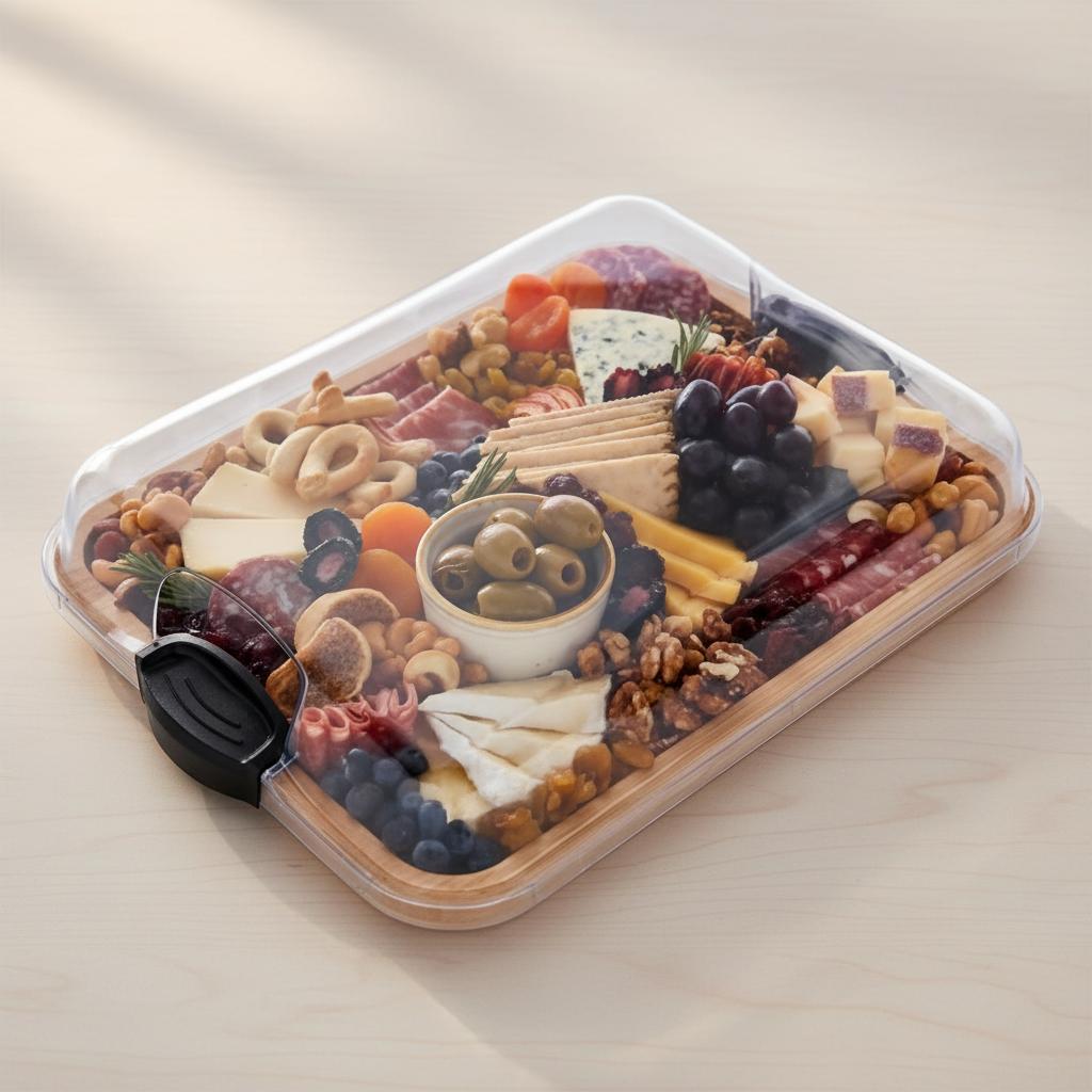Portable Charcuterie Board with Clear Lid – Bamboo Cheese & Serving Tray, Travel Snack Box with Locking Cover