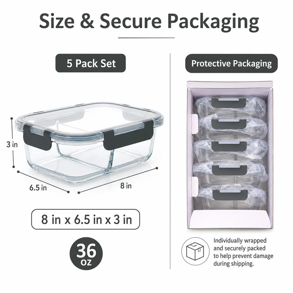 AISOON®️ 5-Pack 36oz 2-Compartment Borosilicate Glass Food Storage Set