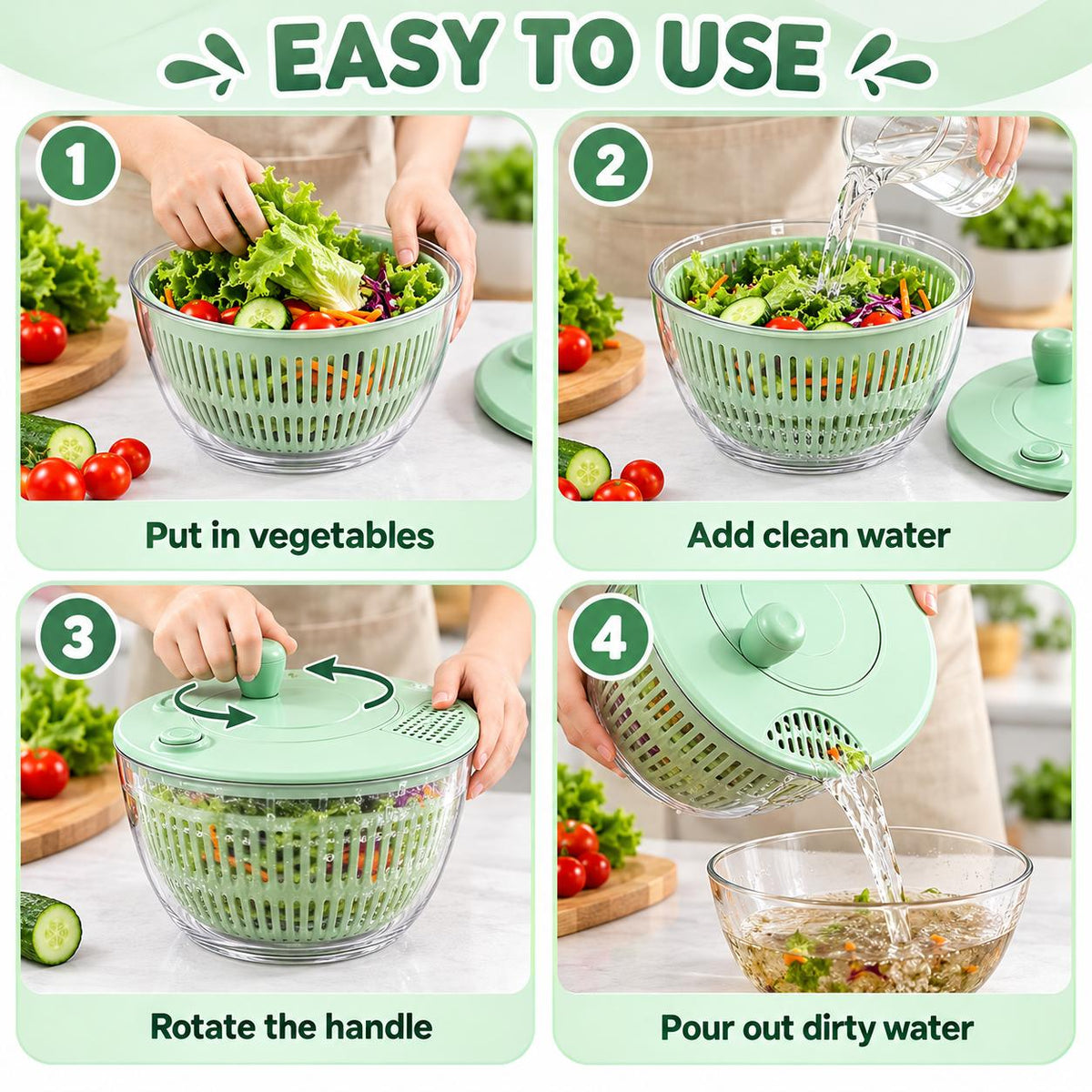 AISOON®️ 5.3 Qt 3-in-1 Salad Spinner, Vegetable Washer & Food Slicer with 5 Interchangeable 304 Stainless Steel Blades