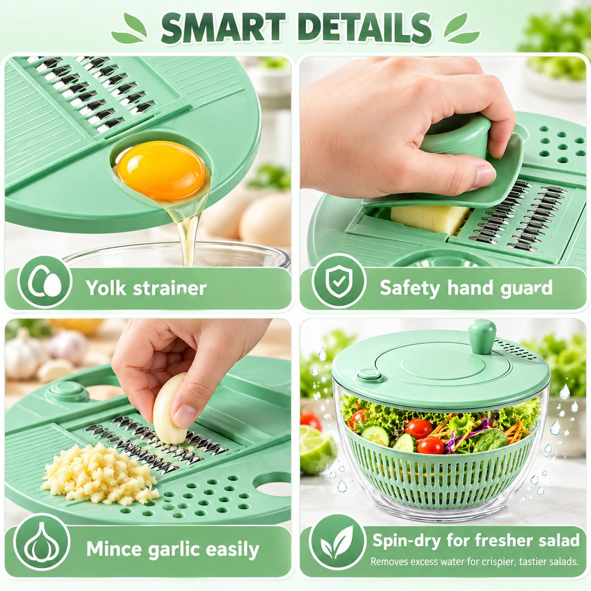 AISOON®️ 5.3 Qt 3-in-1 Salad Spinner, Vegetable Washer & Food Slicer with 5 Interchangeable 304 Stainless Steel Blades