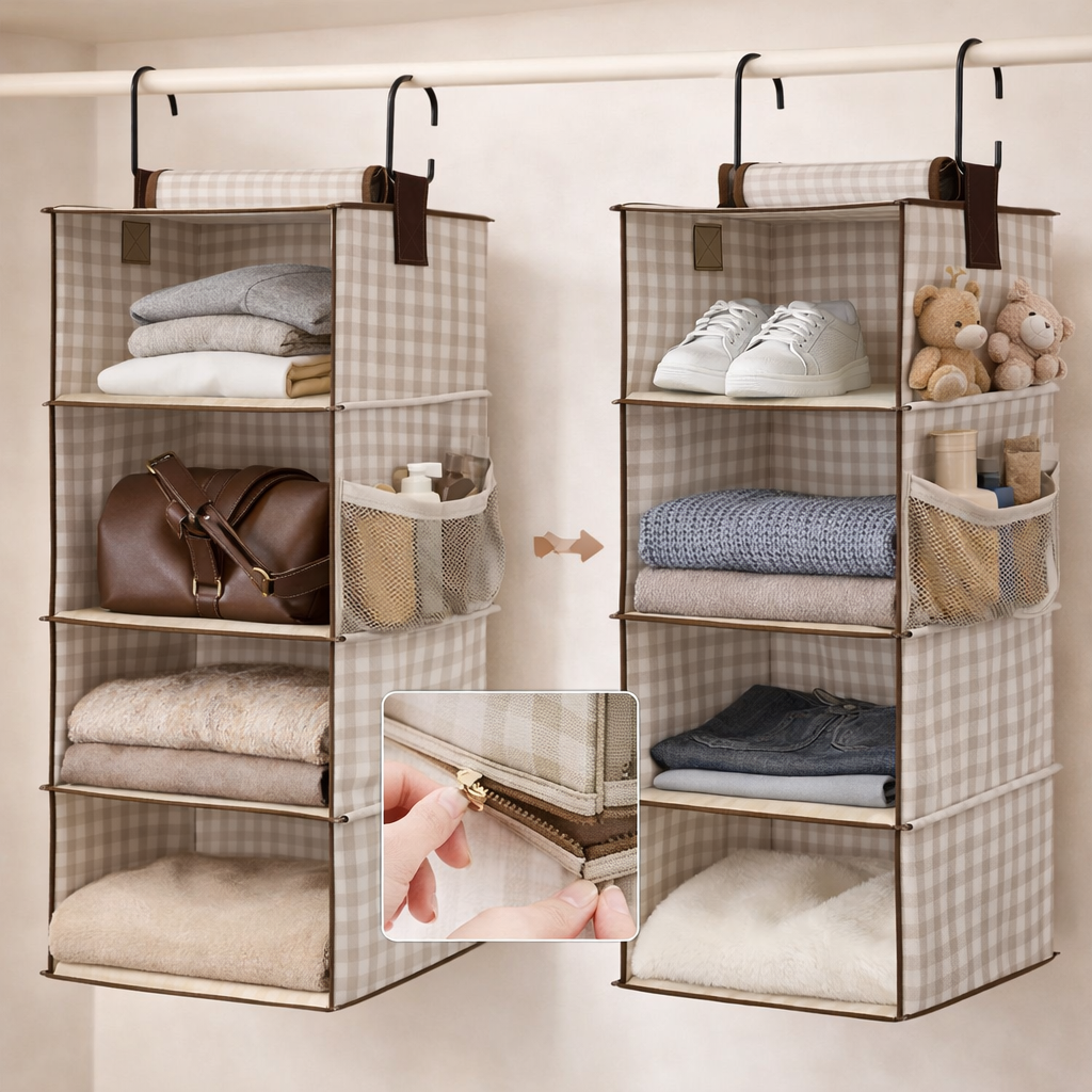 AISOON 2-Pack Hanging Closet Organizer, 3-Shelf Separable Canvas Storage with Side Pockets, Heavy-Duty Hooks, Grey (12” x 12” x 42”)