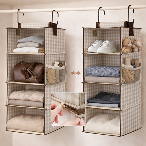 AISOON 2-Pack Hanging Closet Organizer, 3-Shelf Separable Canvas Storage with Side Pockets, Heavy-Duty Hooks, Grey (12” x 12” x 42”)