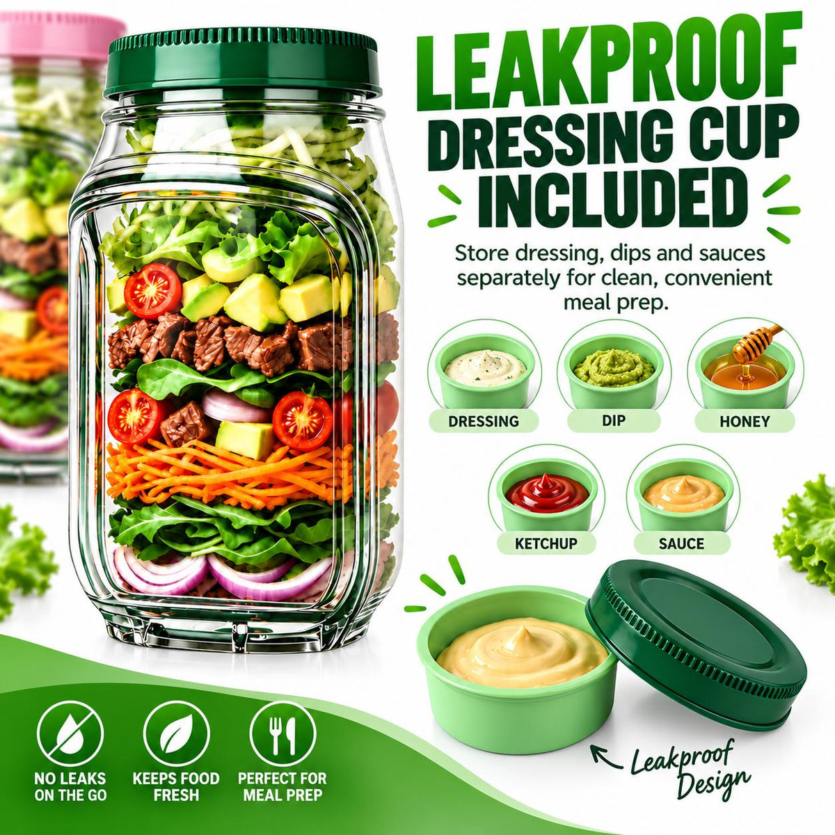 AISOON®️ 35oz Reusable Salad Jar with Dressing Cup, Side Opening & Leakproof Lid