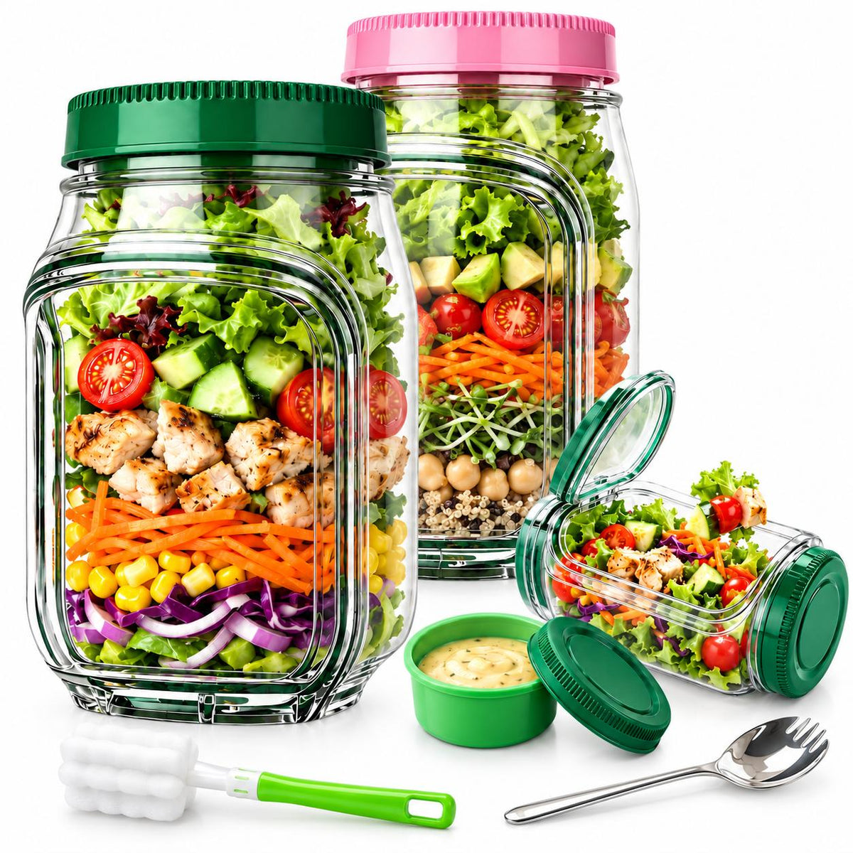 AISOON®️ 35oz Reusable Salad Jar with Dressing Cup, Side Opening & Leakproof Lid