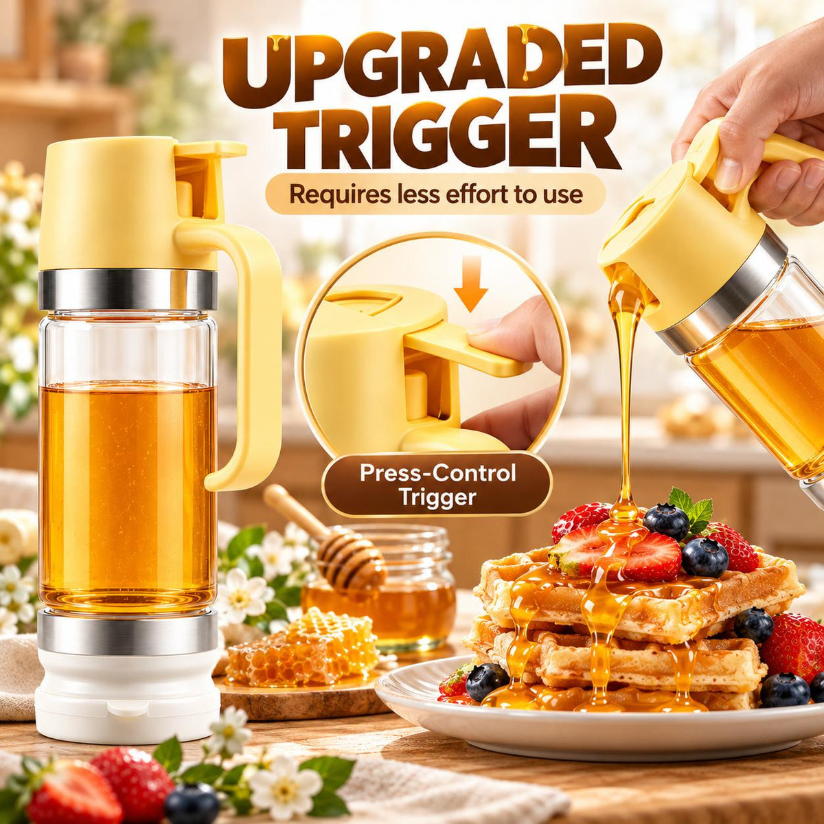 AISOON®️ 10oz Reusable Glass Honey Dispenser with Handle, Lid - No Drip, Leakproof