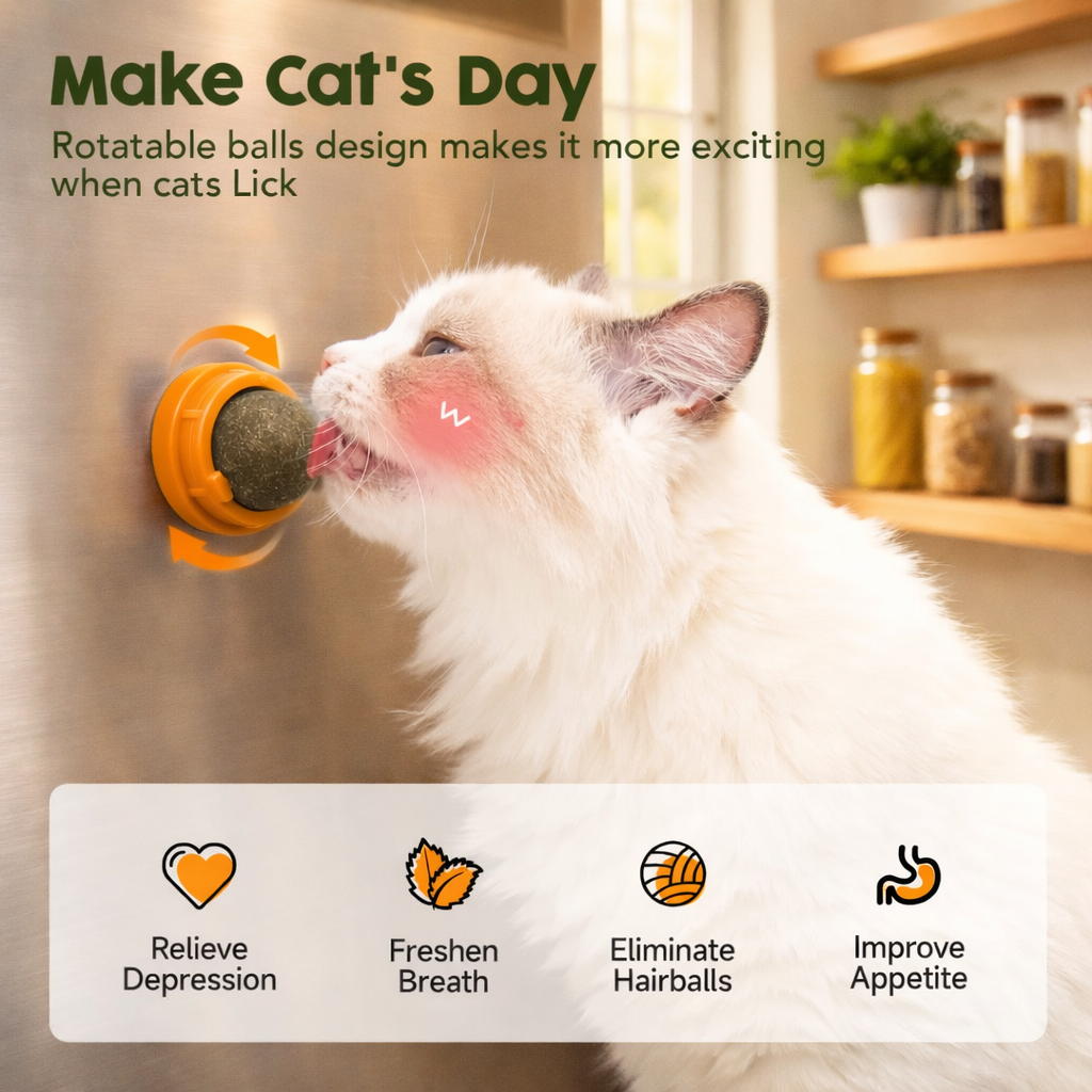 Catnip Balls for Cats 4 Pack, Silvervine & Gall Fruit Cat Toys, Edible Rotating Wall Mounted Catnip Toy, Dental Teeth Cleaning Lick Toy for Indoor Cats, Natural Kitty Treat Balls