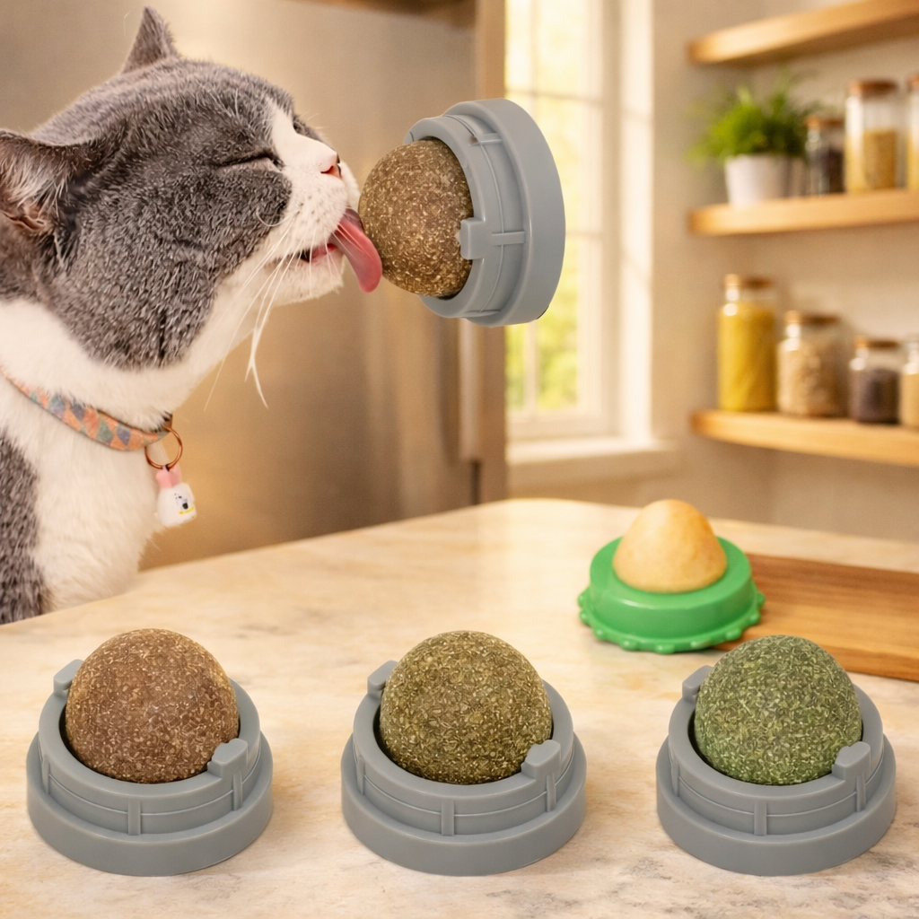 Catnip Balls for Cats 4 Pack, Silvervine & Gall Fruit Cat Toys, Edible Rotating Wall Mounted Catnip Toy, Dental Teeth Cleaning Lick Toy for Indoor Cats, Natural Kitty Treat Balls