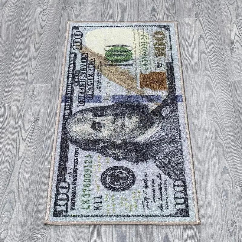 Rug with a design of a $100 bill on a wooden floor