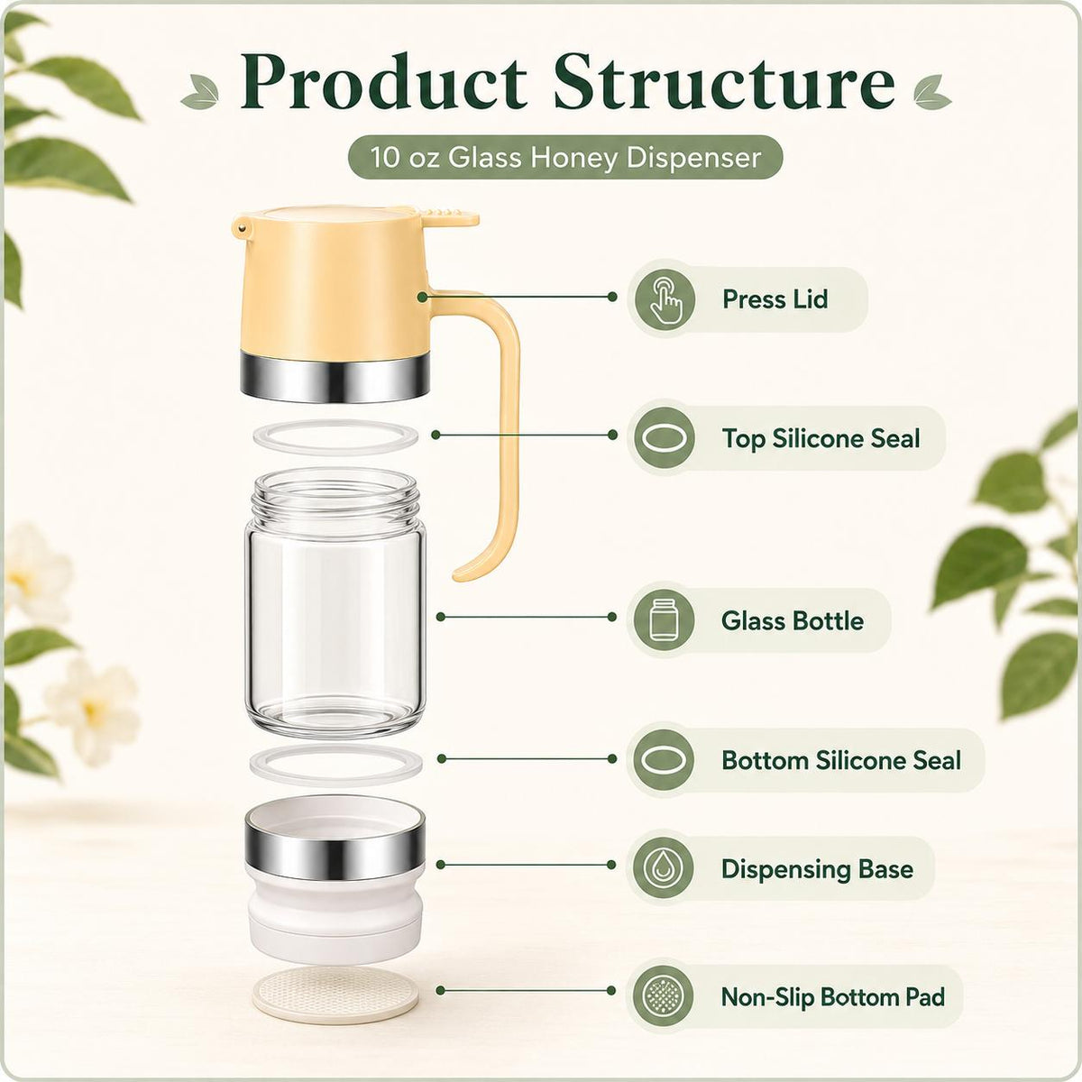 AISOON®️ 10oz Reusable Glass Honey Dispenser with Handle, Lid - No Drip, Leakproof