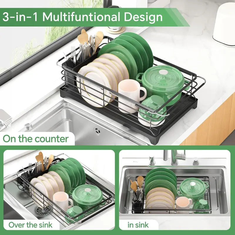 Multifunctional dish drying rack with green dishes and utensils on a kitchen counter.