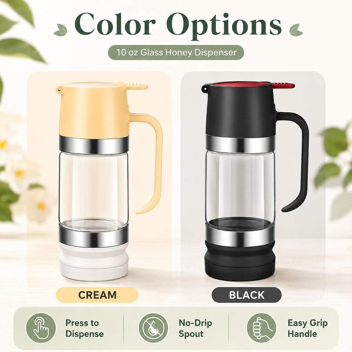 AISOON®️ 10oz Reusable Glass Honey Dispenser with Handle, Lid - No Drip, Leakproof