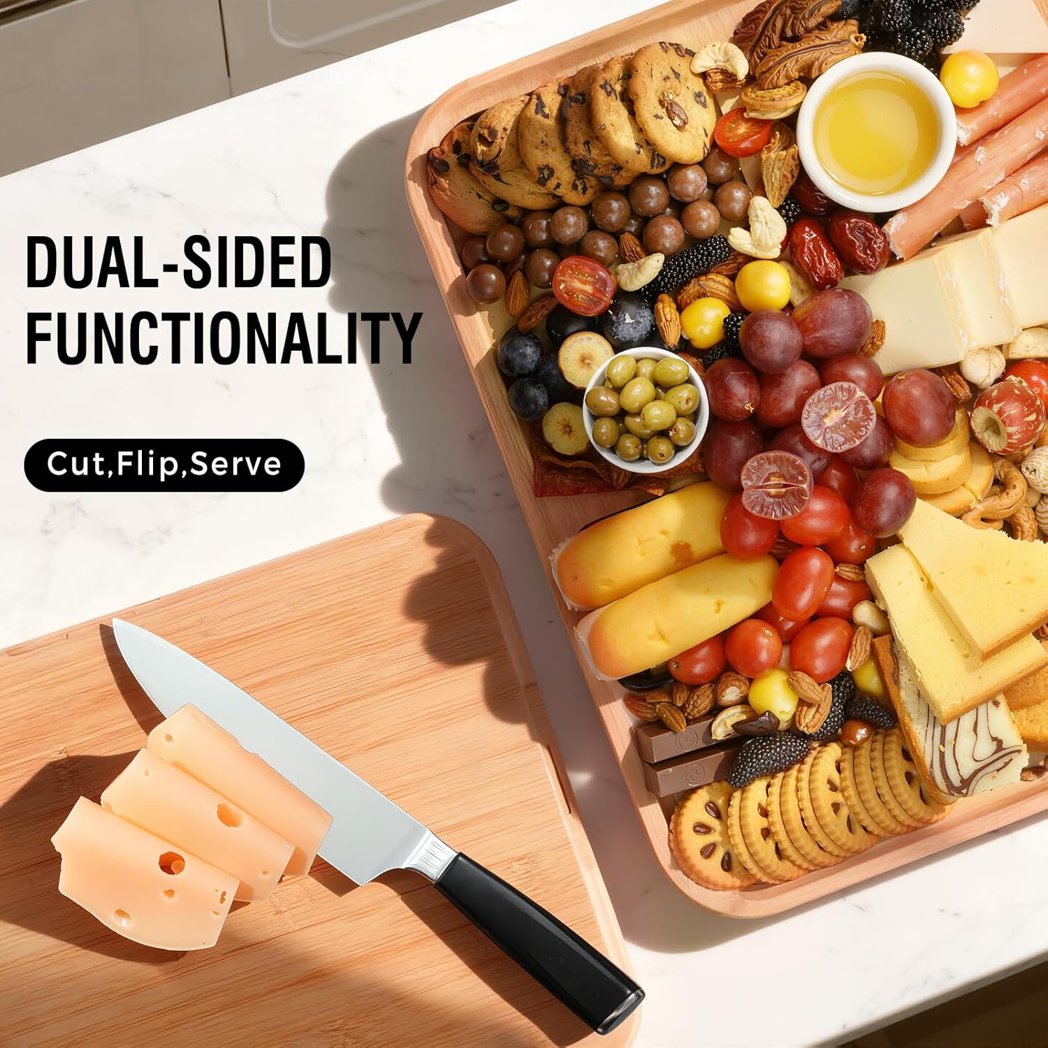 Portable Charcuterie Board with Clear Lid – Reversible Bamboo Cheese & Snack Tray with Handle, 6 Compartments, Airtight Latches for Parties & Picnics