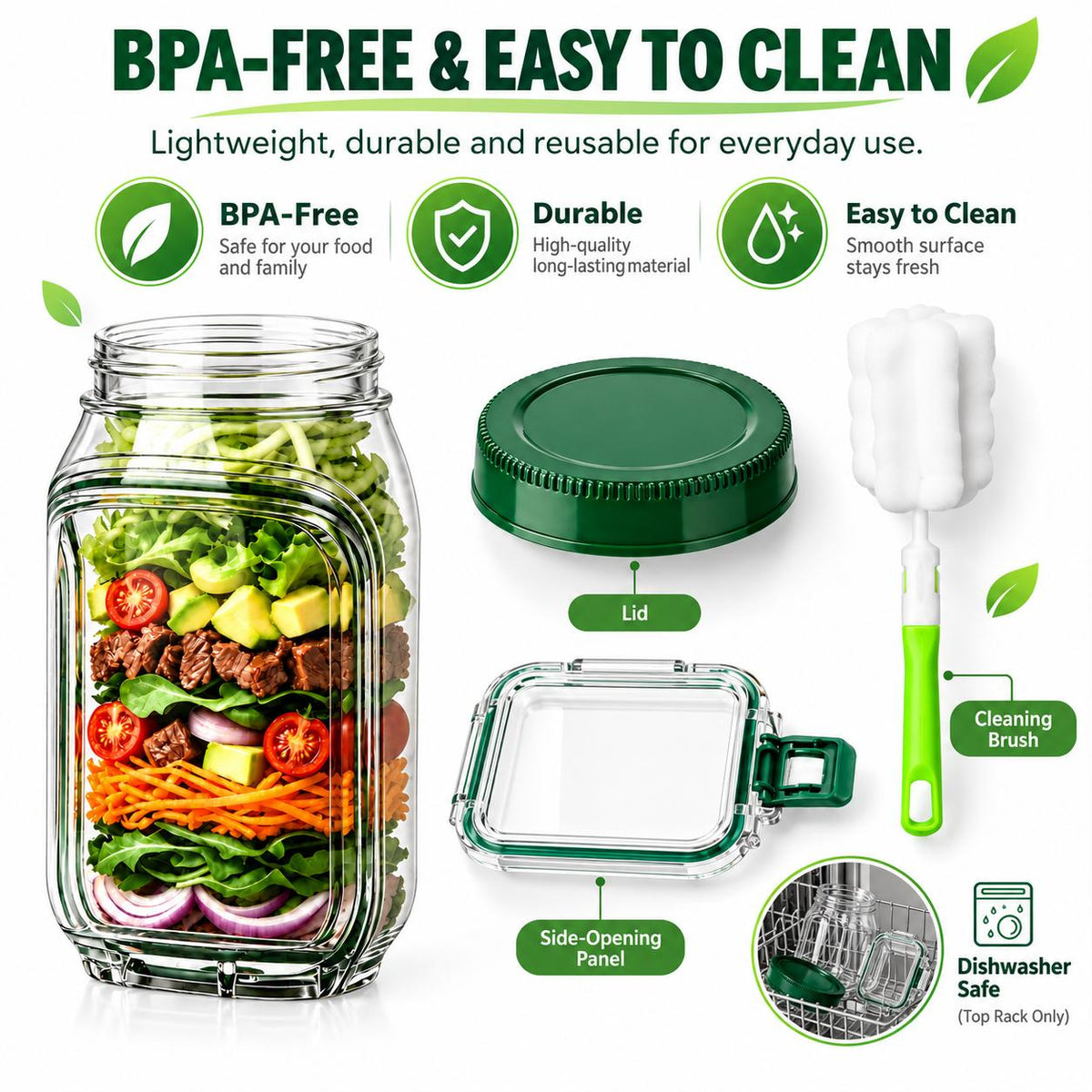 AISOON®️ 35oz Reusable Salad Jar with Dressing Cup, Side Opening & Leakproof Lid