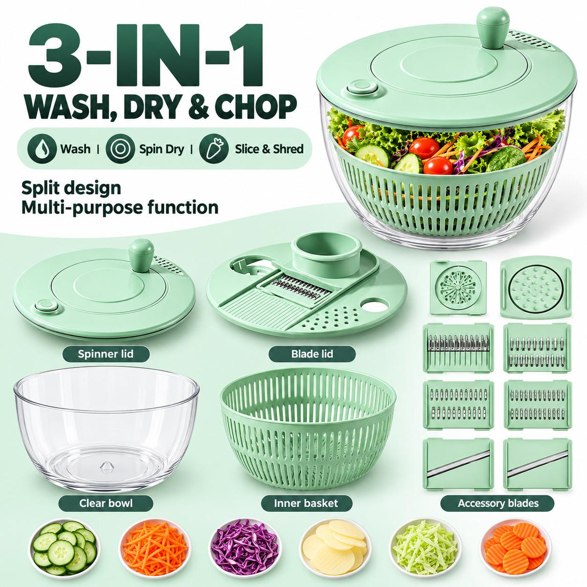 AISOON®️ 5.3 Qt 3-in-1 Salad Spinner, Vegetable Washer & Food Slicer with 5 Interchangeable 304 Stainless Steel Blades