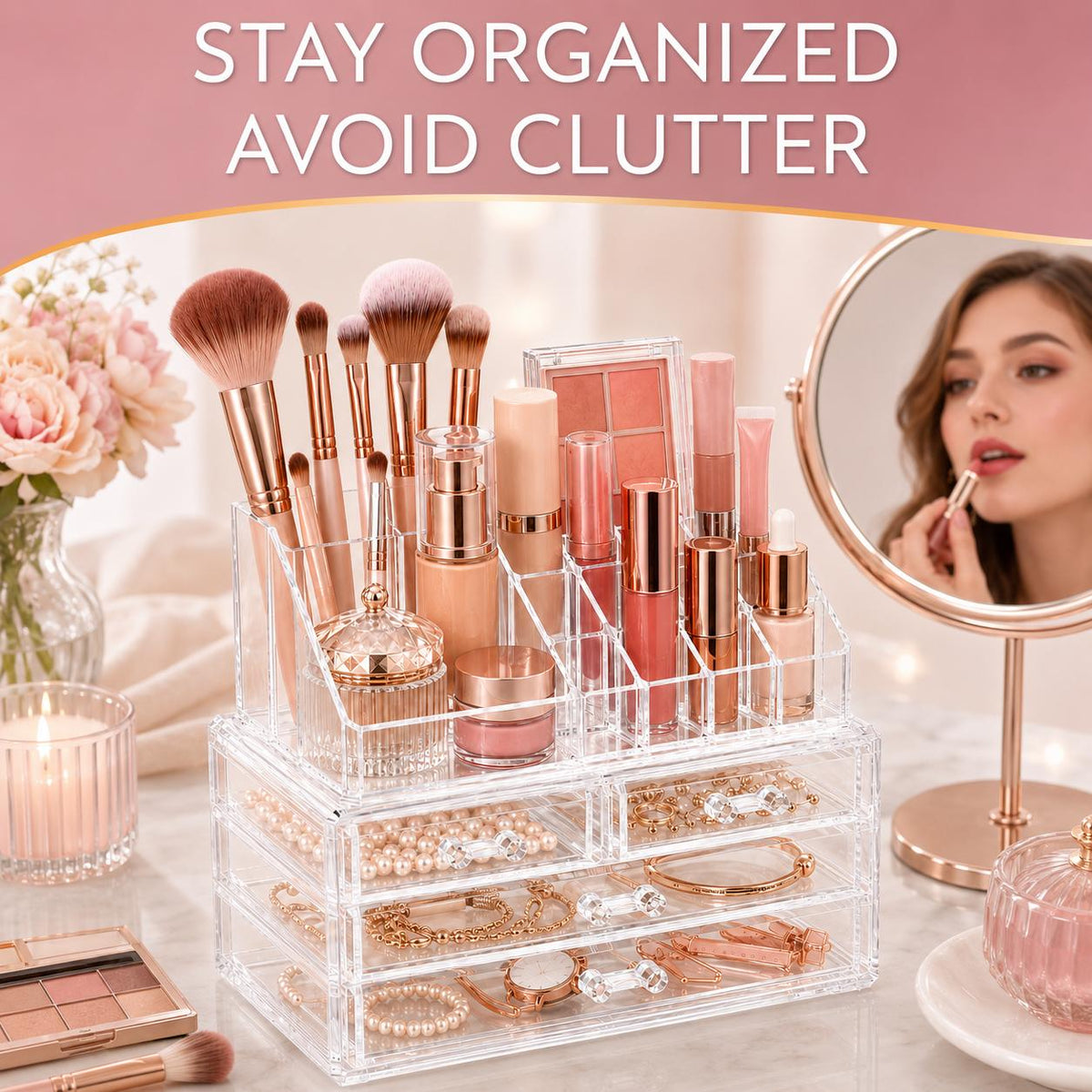 AISOON®️ 4 Drawer Acrylic Cosmetic Organizer, Clear Makeup Storage Box with 16 Compartment