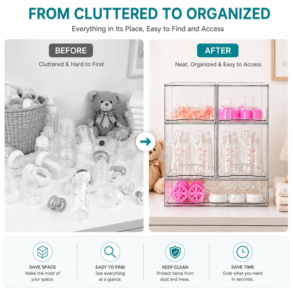 AISOON®️ Clear 5-Drawer Storage Organizer for Nursery Bottle Station, BPA-Free Plastic Bins