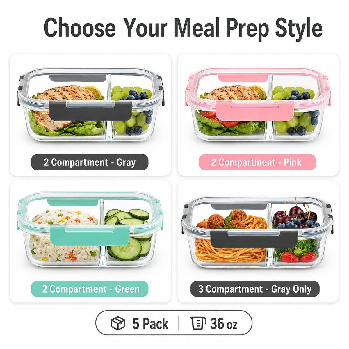 AISOON®️ 5-Pack 36oz 2-Compartment Borosilicate Glass Food Storage Set